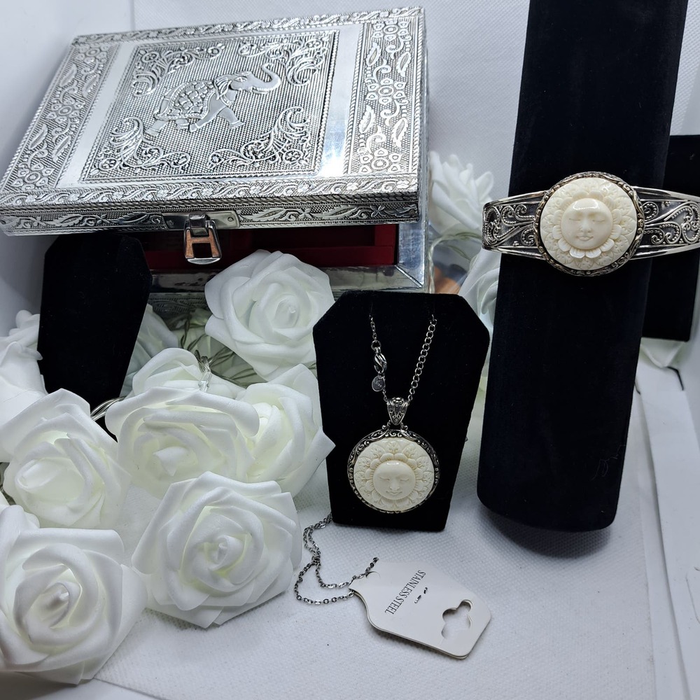 Bali Goddess Carved Cuff Bracelet and Pendant Sterling Silver with Jewelry box